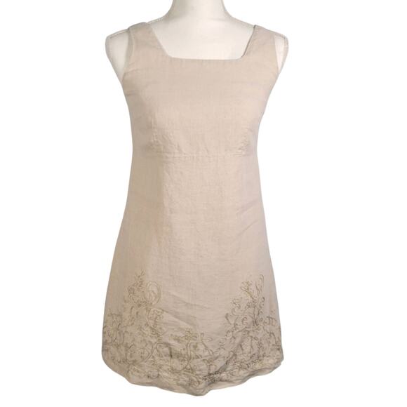 The Limited Linen Mini Dress 4 Beige Embroidered Floral Hem Sleeveless Casual - Picture 1 of 8